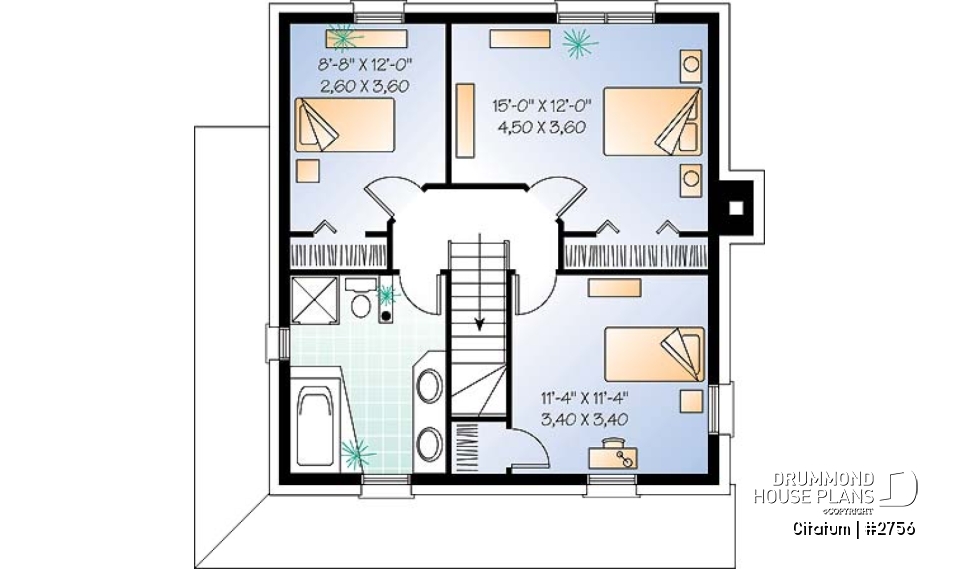 2nd level - Two-storey english style inspired house plan, large kitchen with island, 3 bedrooms, 2 walk-ins, open concept - Citatum