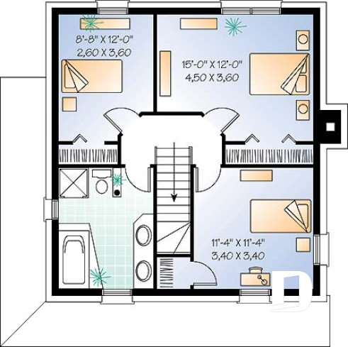 2nd level - Two-storey english style inspired house plan, large kitchen with island, 3 bedrooms, 2 walk-ins, open concept - Citatum