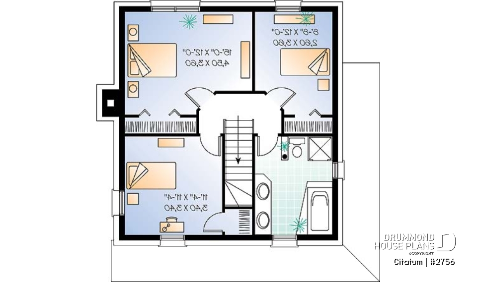 2nd level - Two-storey english style inspired house plan, large kitchen with island, 3 bedrooms, 2 walk-ins, open concept - Citatum