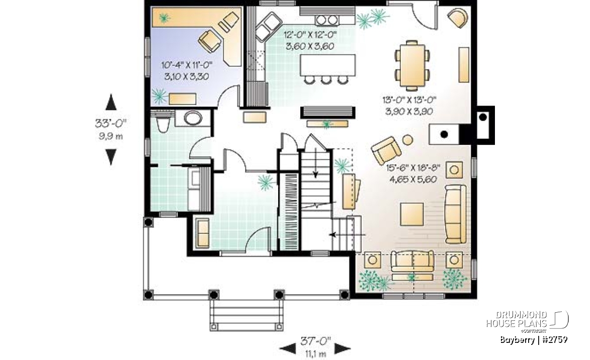 1st level - Charming 3 bedroom country cottage plan with nice master bedroom, den and  fireplace - Bayberry