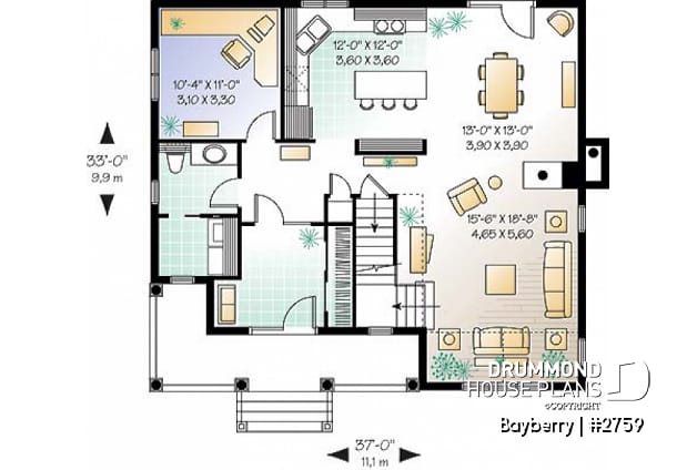 1st level - Charming 3 bedroom country cottage plan with nice master bedroom, den and  fireplace - Bayberry