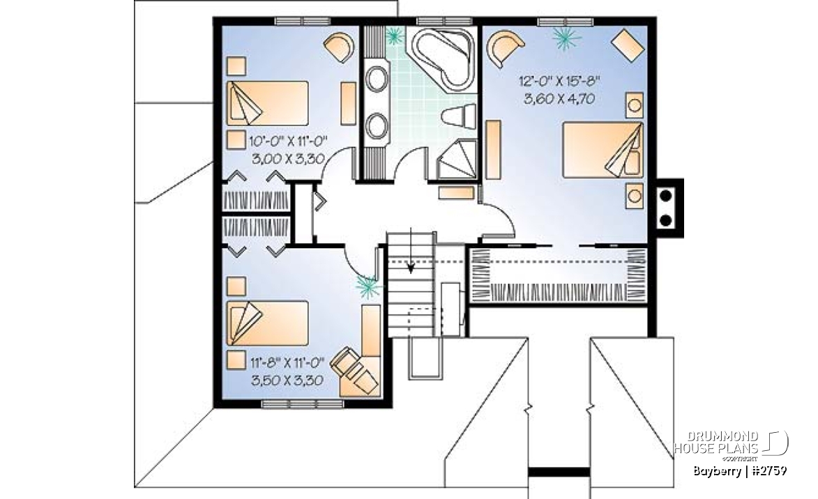 2nd level - Charming 3 bedroom country cottage plan with nice master bedroom, den and  fireplace - Bayberry