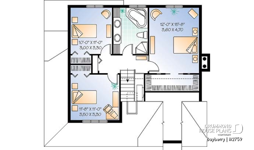 2nd level - Charming 3 bedroom country cottage plan with nice master bedroom, den and  fireplace - Bayberry