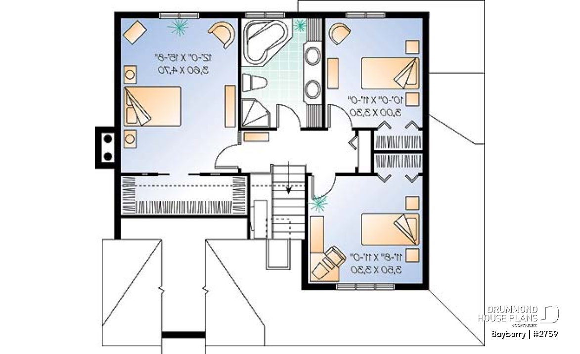 2nd level - Charming 3 bedroom country cottage plan with nice master bedroom, den and  fireplace - Bayberry