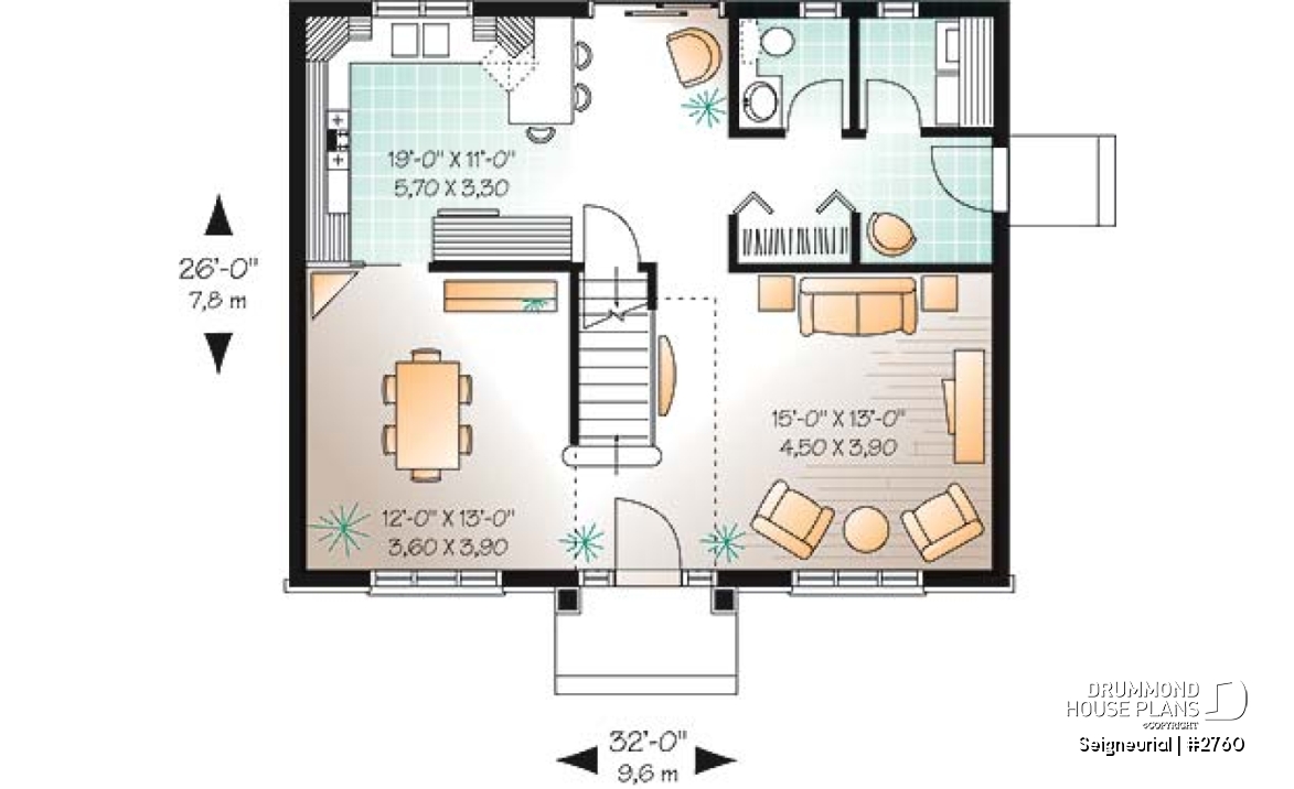 1st level - English style cottage house plan, 3 bedrooms, laundry on main floor, formal dining room - Seigneurial