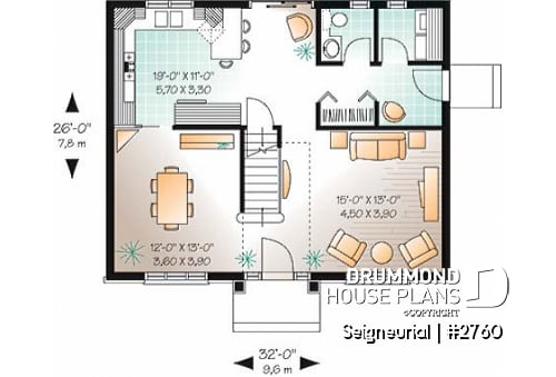 1st level - English style cottage house plan, 3 bedrooms, laundry on main floor, formal dining room - Seigneurial