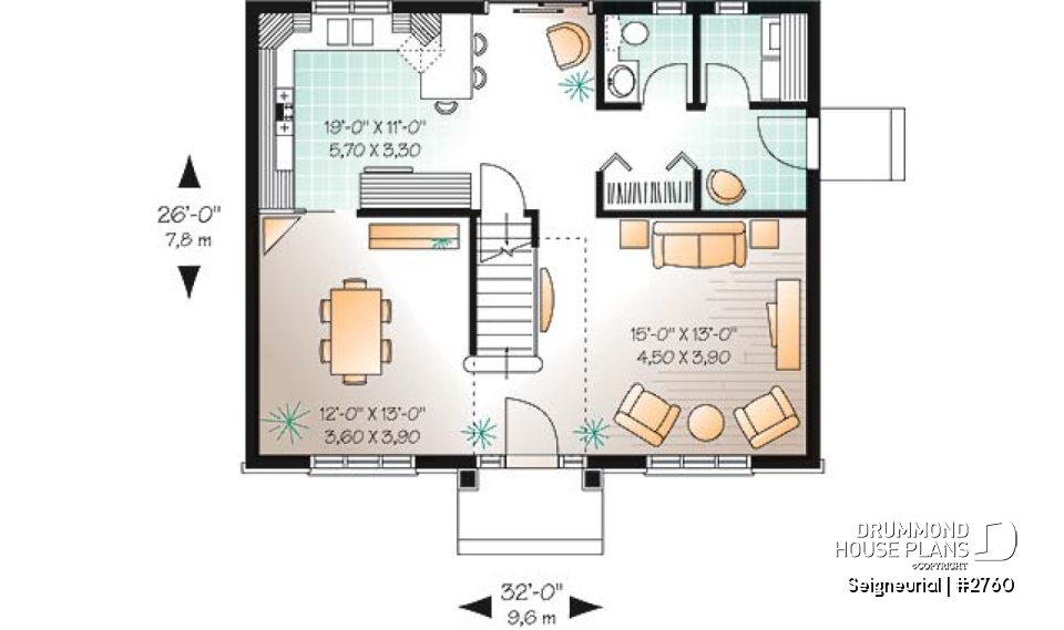 1st level - English style cottage house plan, 3 bedrooms, laundry on main floor, formal dining room - Seigneurial