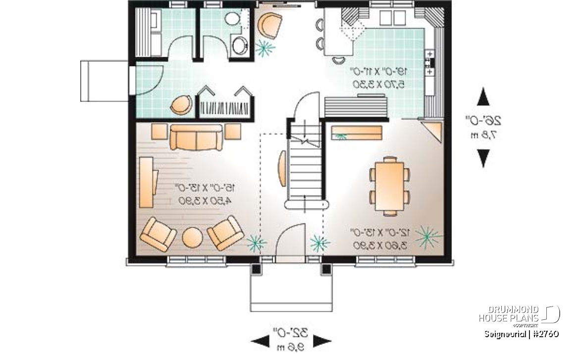 1st level - English style cottage house plan, 3 bedrooms, laundry on main floor, formal dining room - Seigneurial