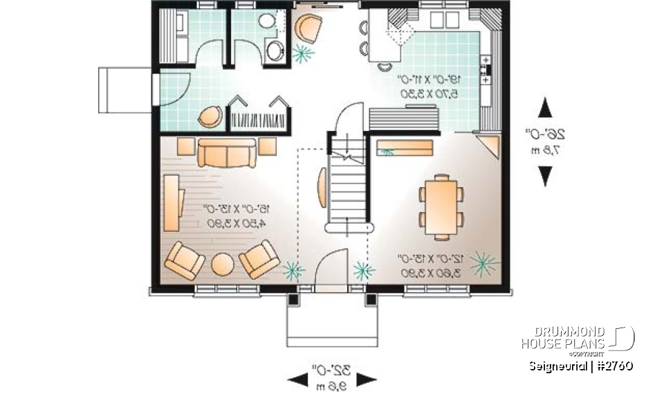 1st level - English style cottage house plan, 3 bedrooms, laundry on main floor, formal dining room - Seigneurial