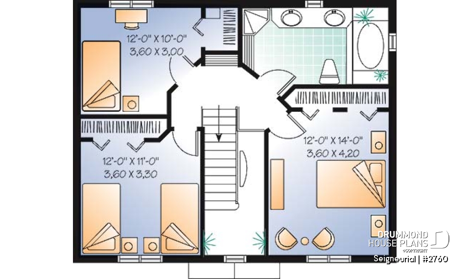 2nd level - English style cottage house plan, 3 bedrooms, laundry on main floor, formal dining room - Seigneurial