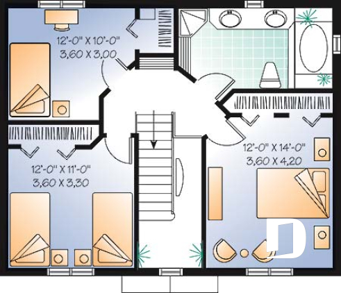2nd level - English style cottage house plan, 3 bedrooms, laundry on main floor, formal dining room - Seigneurial