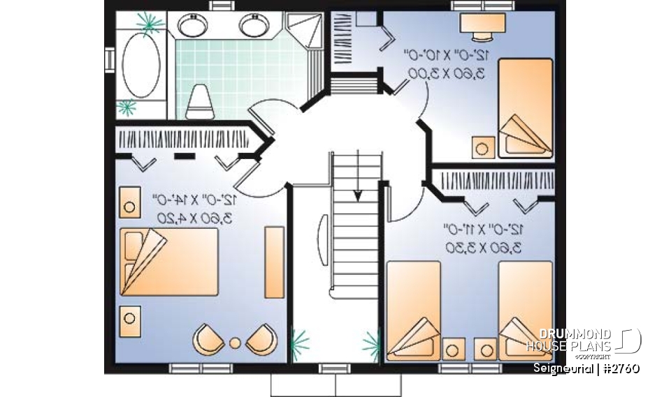2nd level - English style cottage house plan, 3 bedrooms, laundry on main floor, formal dining room - Seigneurial