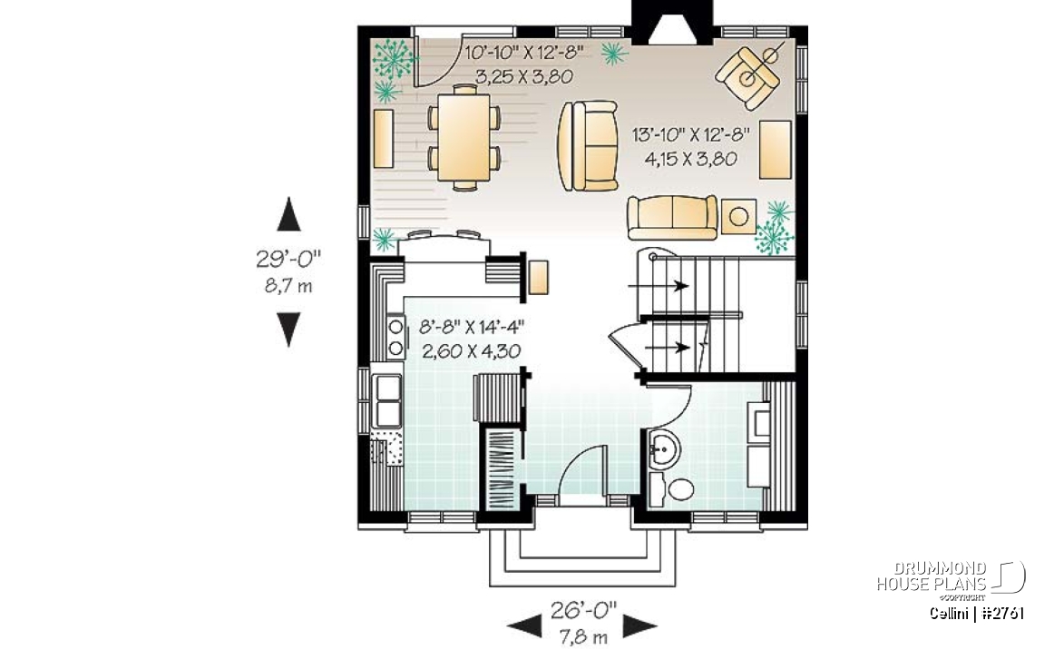 1st level - English style house plan, open dining &amp; living w/ fireplace, laundry on first floor, large family bathroom - Cellini