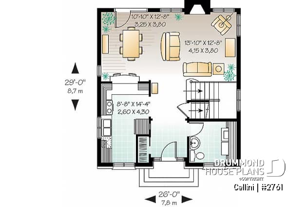 1st level - English style house plan, open dining & living w/ fireplace, laundry on first floor, large family bathroom - Cellini