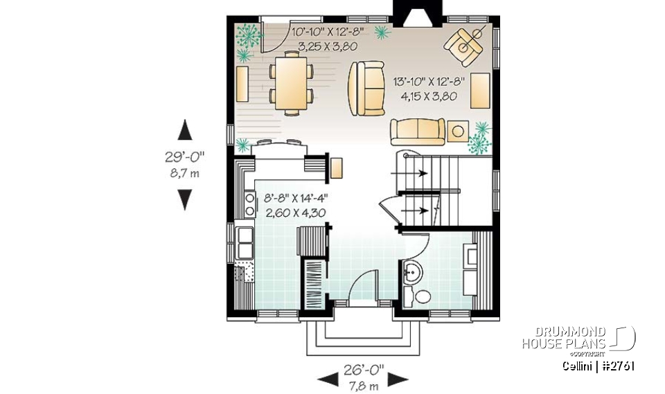 1st level - English style house plan, open dining &amp; living w/ fireplace, laundry on first floor, large family bathroom - Cellini