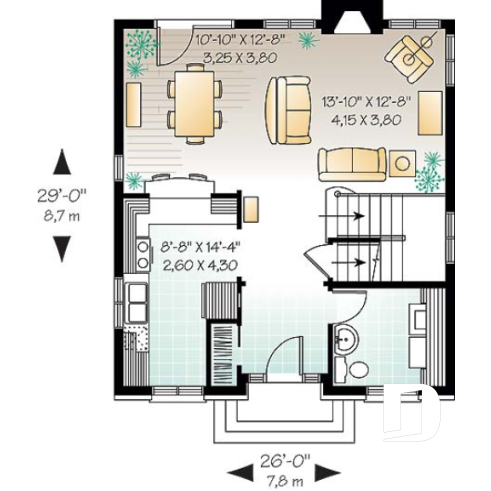 1st level - English style house plan, open dining & living w/ fireplace, laundry on first floor, large family bathroom - Cellini
