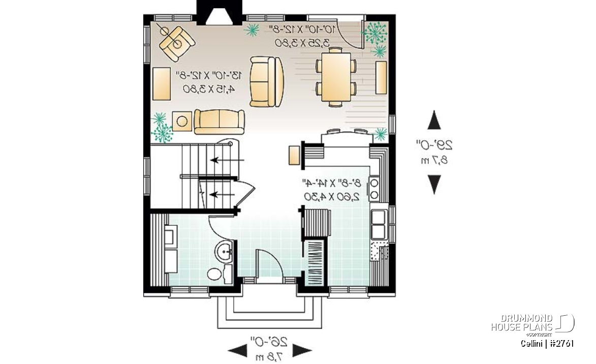 1st level - English style house plan, open dining &amp; living w/ fireplace, laundry on first floor, large family bathroom - Cellini