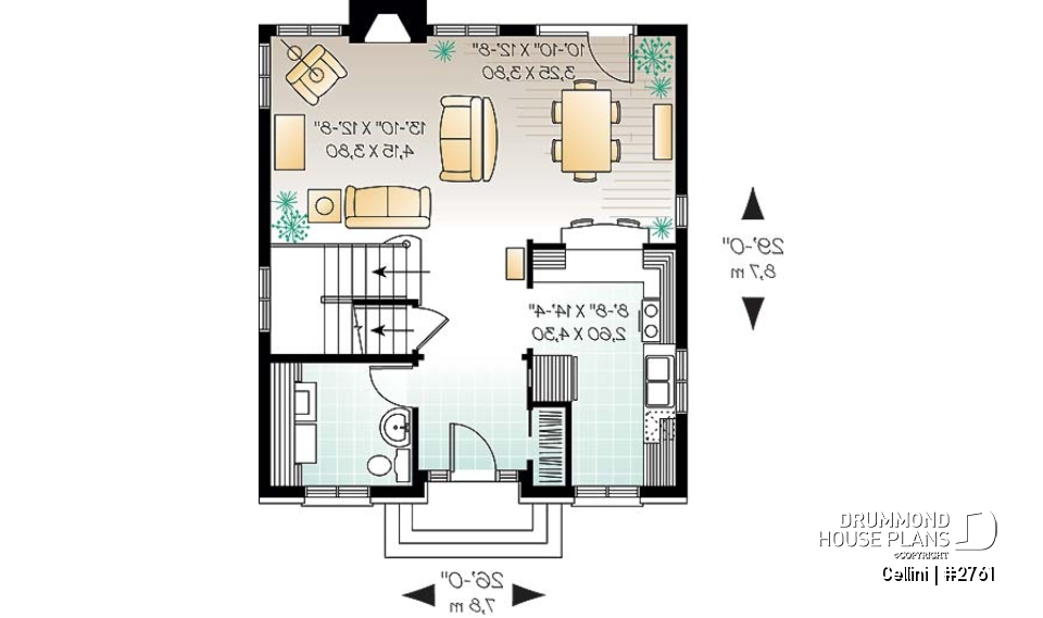 1st level - English style house plan, open dining &amp; living w/ fireplace, laundry on first floor, large family bathroom - Cellini