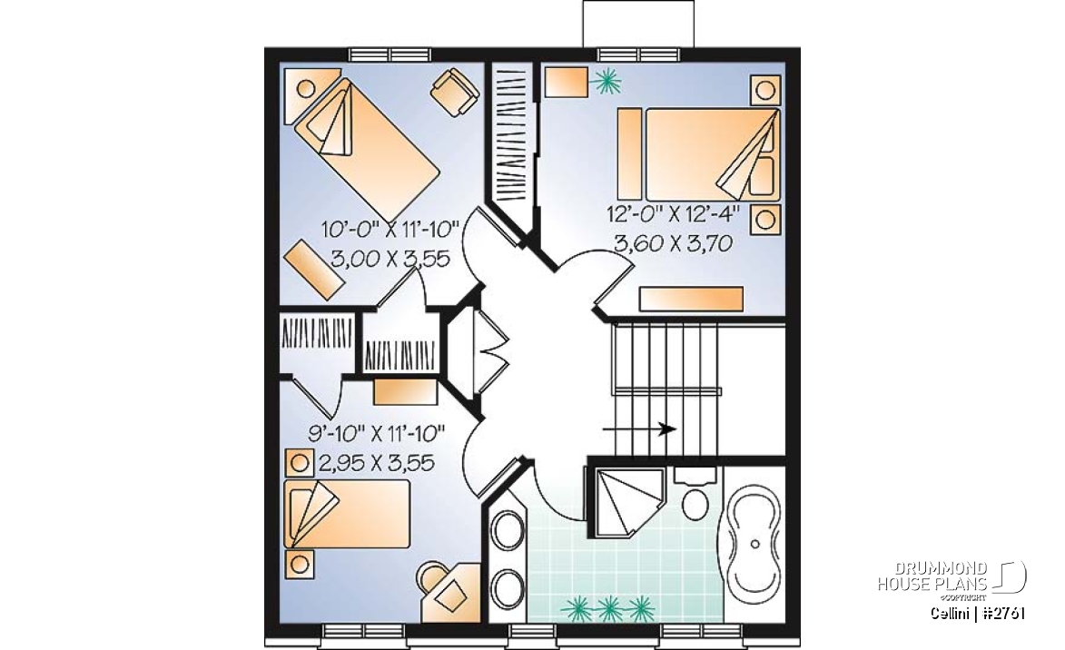 2nd level - English style house plan, open dining &amp; living w/ fireplace, laundry on first floor, large family bathroom - Cellini