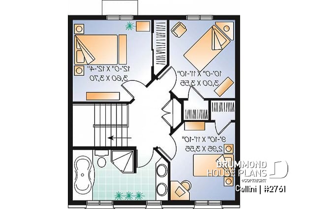 2nd level - English style house plan, open dining & living w/ fireplace, laundry on first floor, large family bathroom - Cellini