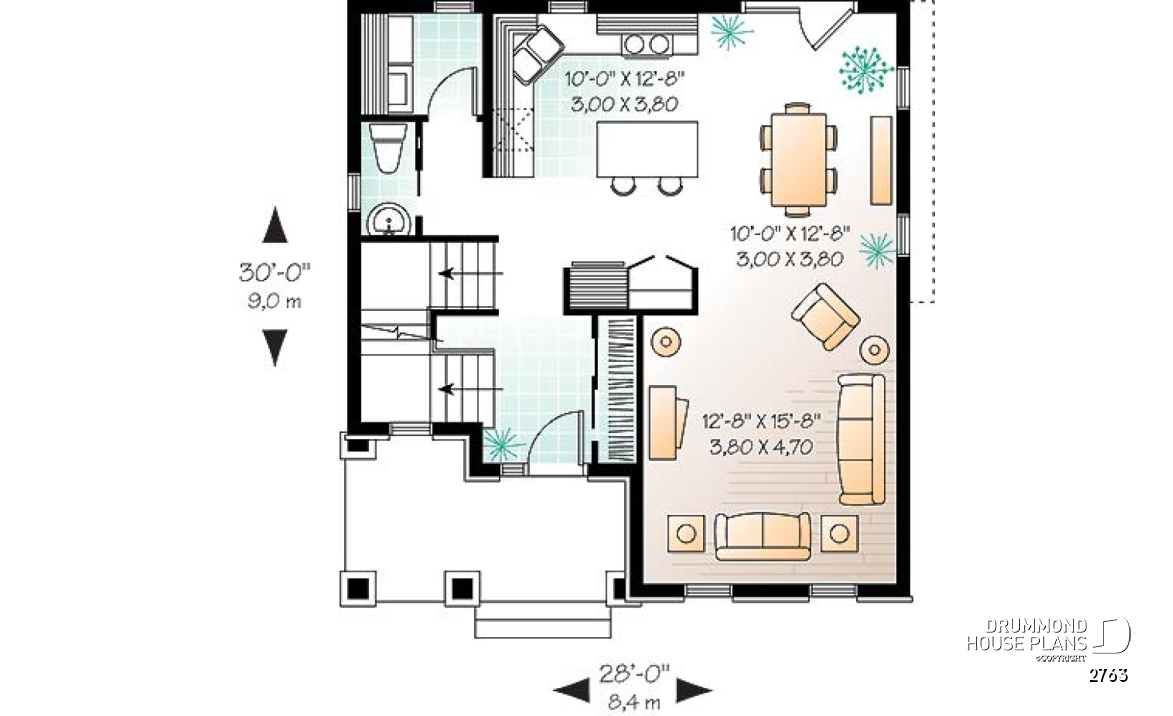 1st level - English Country home plan, 3 bedrooms, formal living room, laundry room on main floor - 