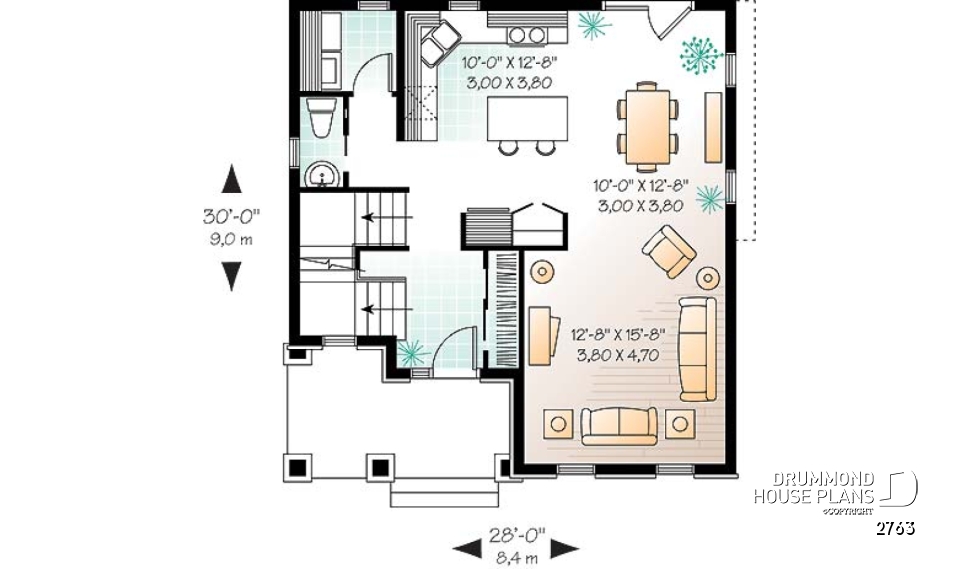 1st level - English Country home plan, 3 bedrooms, formal living room, laundry room on main floor - 