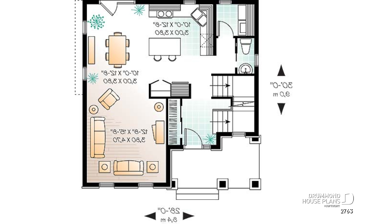 1st level - English Country home plan, 3 bedrooms, formal living room, laundry room on main floor - 