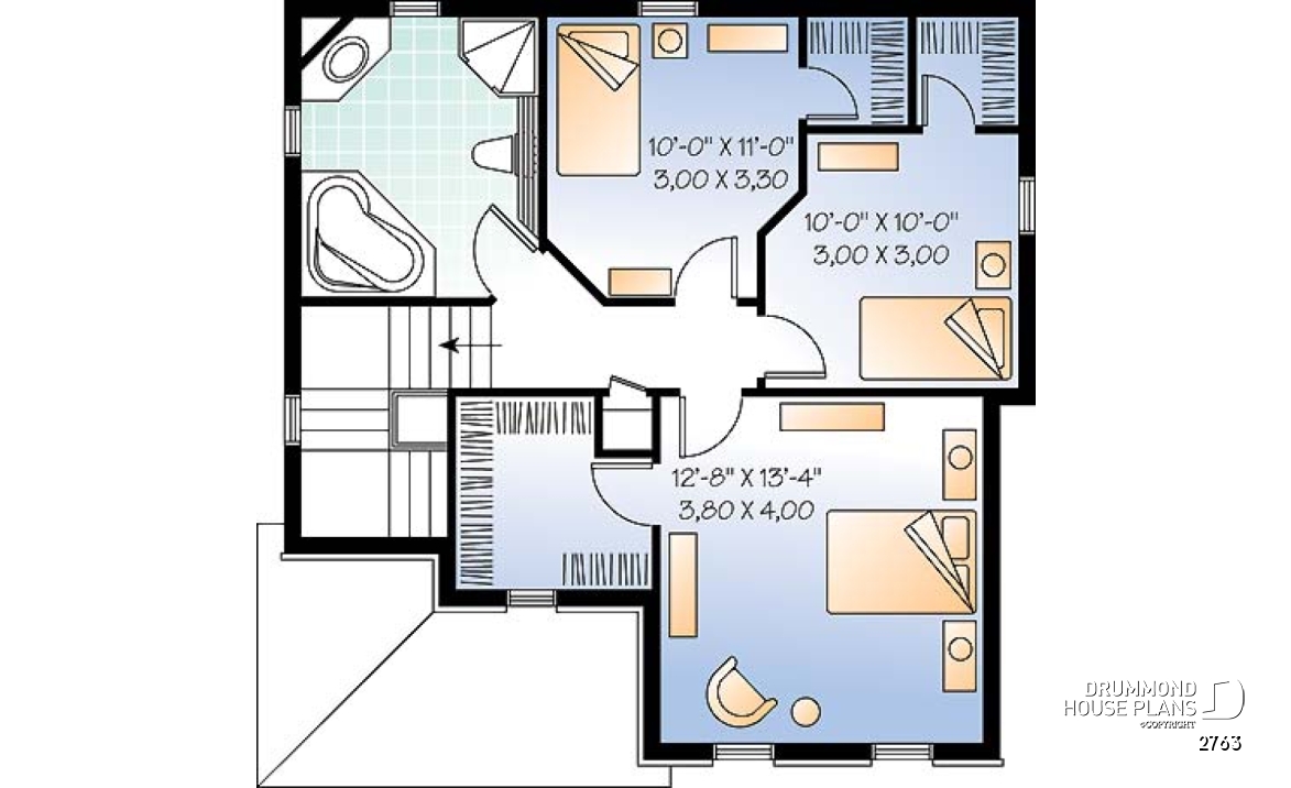 2nd level - English Country home plan, 3 bedrooms, formal living room, laundry room on main floor - 