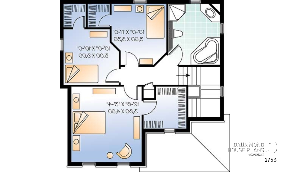 2nd level - English Country home plan, 3 bedrooms, formal living room, laundry room on main floor - 