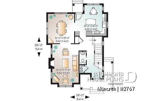 1st level - Tudor house plan with master suite, total 3 bedrooms, formal dining and living rooms, fireplace - Monarch