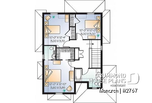 2nd level - Tudor house plan with master suite, total 3 bedrooms, formal dining and living rooms, fireplace - Monarch