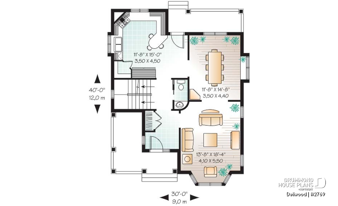 1st level - Tudor 3 bedroom home plan, kitchen  with pantry, laundry room on second floor - Dellwood