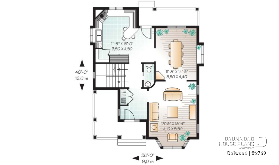1st level - Tudor 3 bedroom home plan, kitchen  with pantry, laundry room on second floor - Dellwood
