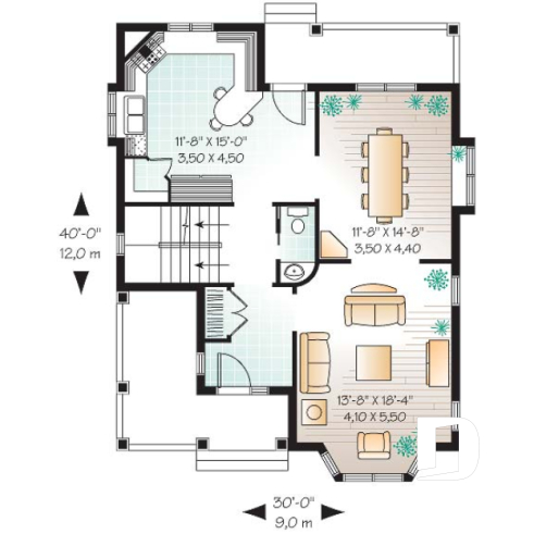 1st level - Tudor 3 bedroom home plan, kitchen  with pantry, laundry room on second floor - Dellwood