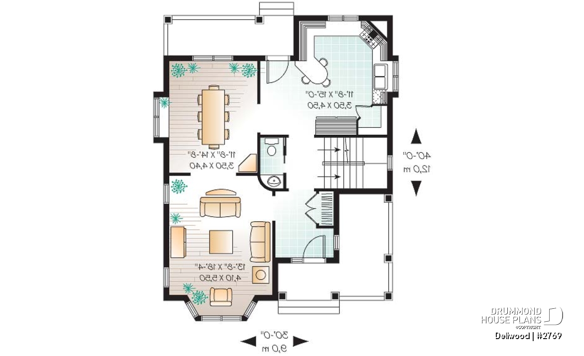 1st level - Tudor 3 bedroom home plan, kitchen  with pantry, laundry room on second floor - Dellwood