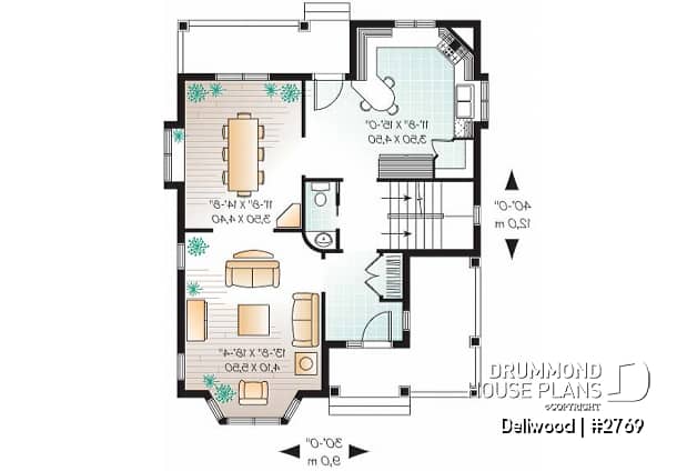 1st level - Tudor 3 bedroom home plan, kitchen  with pantry, laundry room on second floor - Dellwood