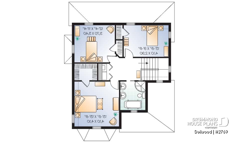 2nd level - Tudor 3 bedroom home plan, kitchen  with pantry, laundry room on second floor - Dellwood
