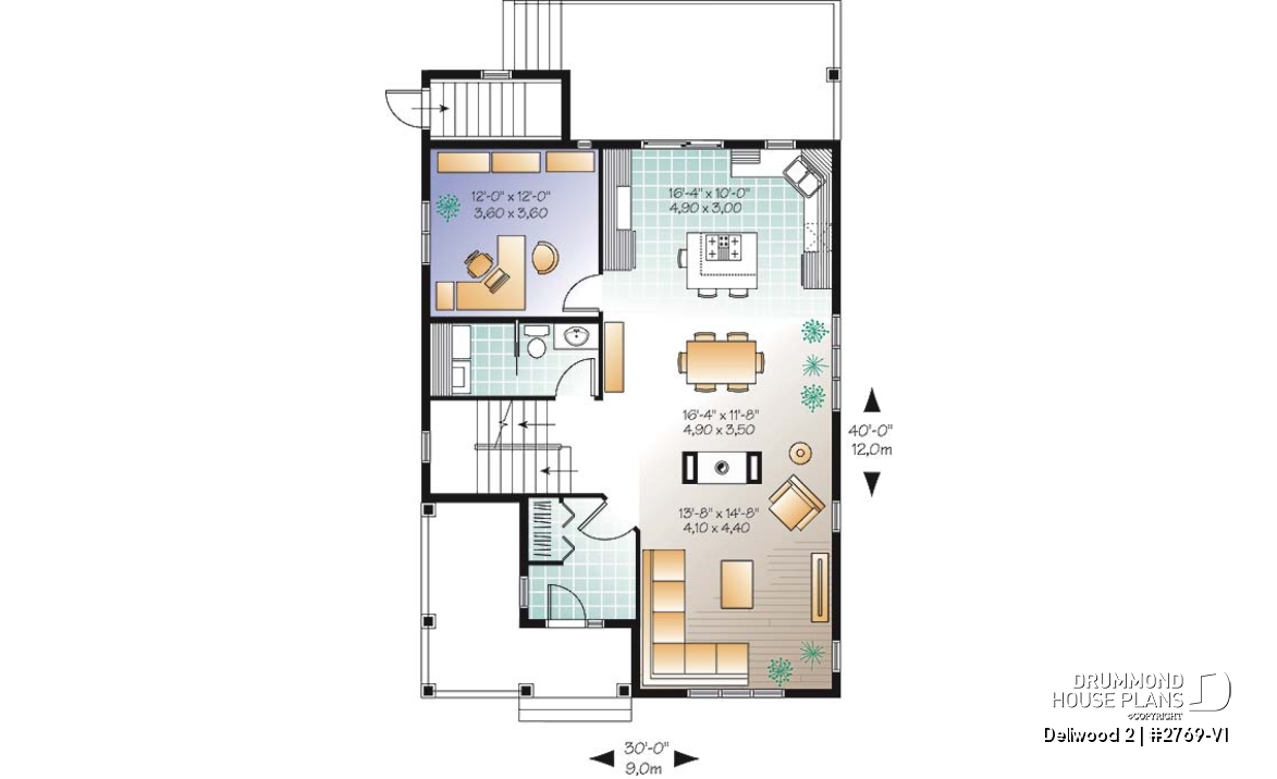 1st level - Budget-friendly Tudor house plan, large master suite, total 3 beds + home office, fireplace, laundry room - Dellwood 2