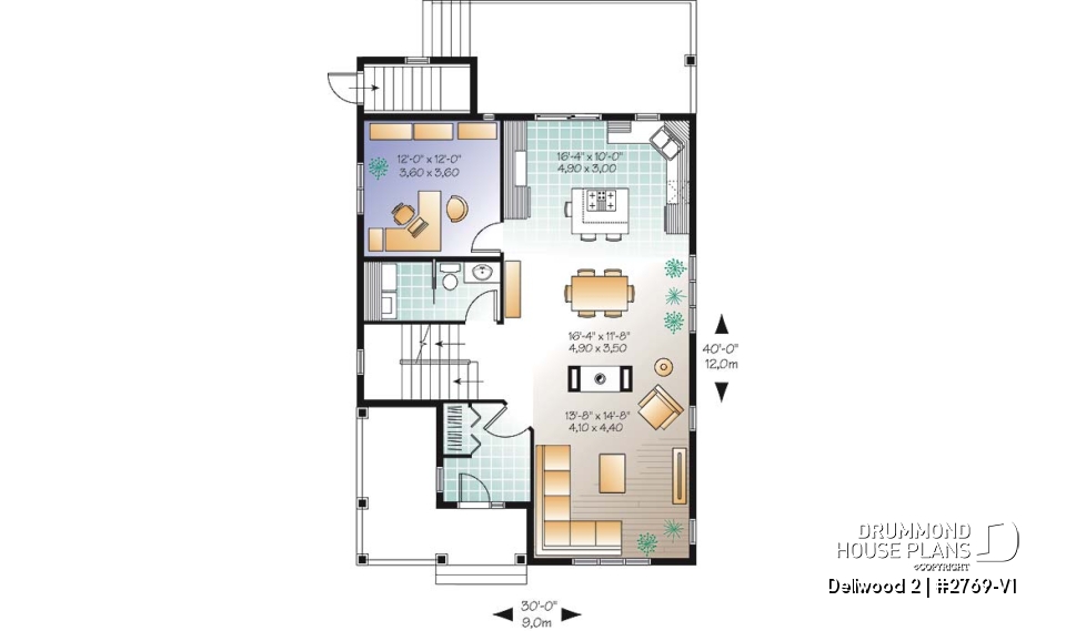 1st level - Budget-friendly Tudor house plan, large master suite, total 3 beds + home office, fireplace, laundry room - Dellwood 2
