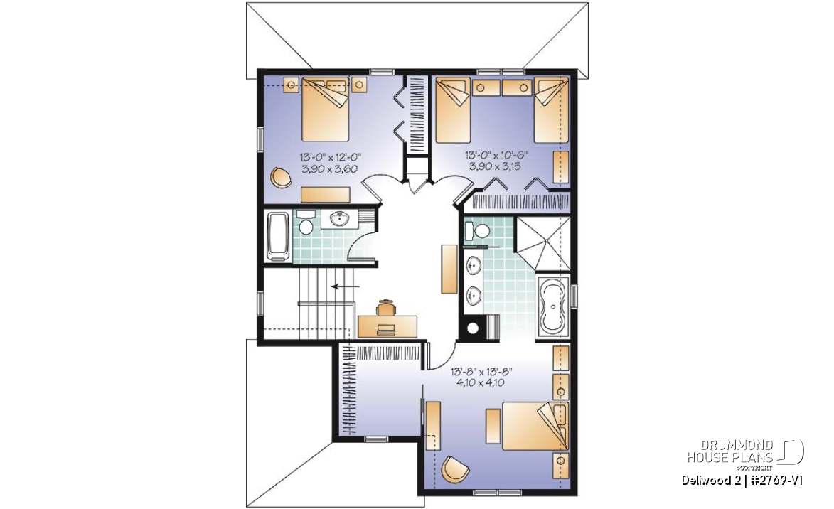 2nd level - Budget-friendly Tudor house plan, large master suite, total 3 beds + home office, fireplace, laundry room - Dellwood 2