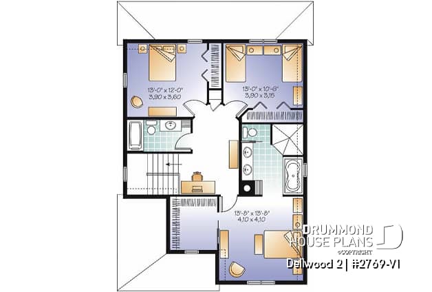 2nd level - Budget-friendly Tudor house plan, large master suite, total 3 beds + home office, fireplace, laundry room - Dellwood 2