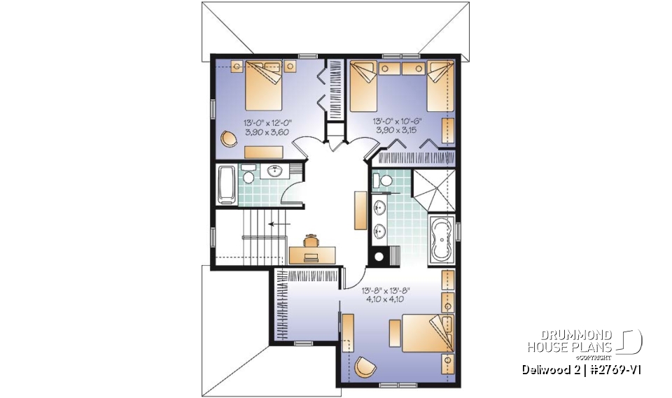 2nd level - Budget-friendly Tudor house plan, large master suite, total 3 beds + home office, fireplace, laundry room - Dellwood 2