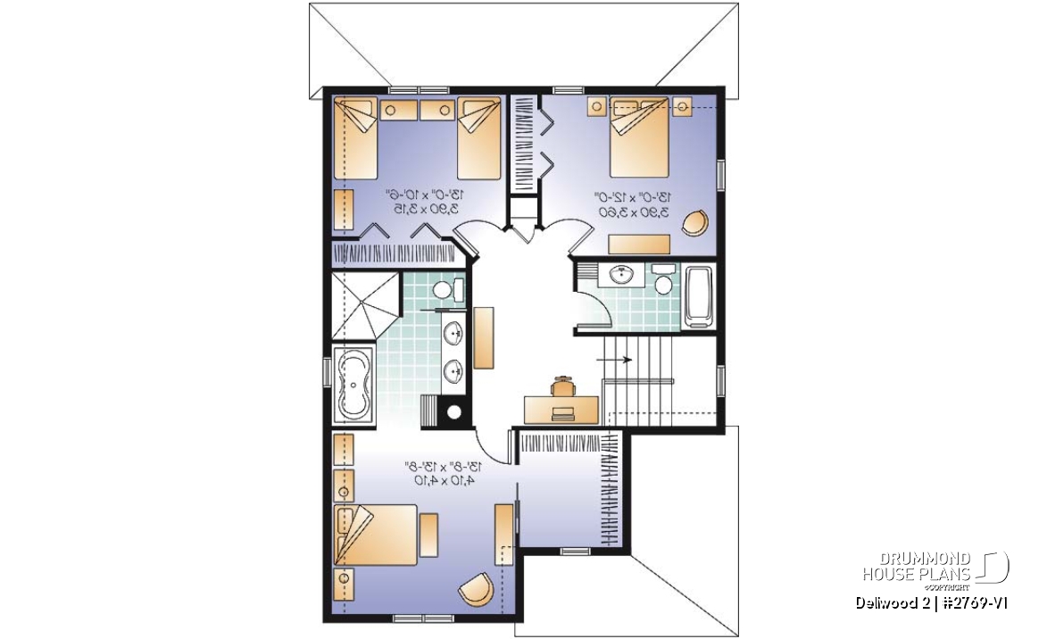 2nd level - Budget-friendly Tudor house plan, large master suite, total 3 beds + home office, fireplace, laundry room - Dellwood 2