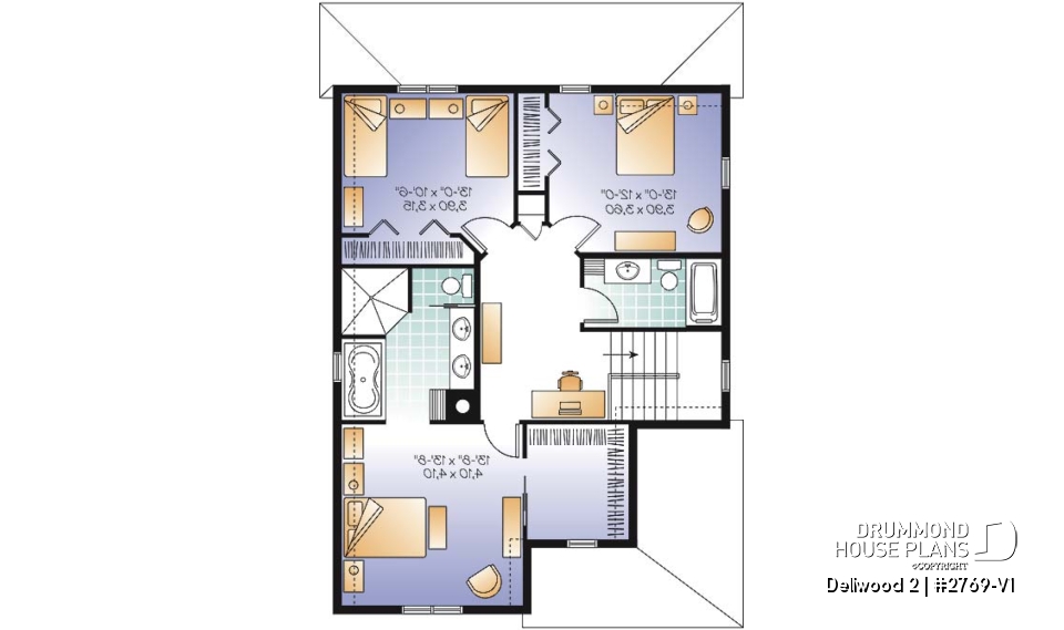 2nd level - Budget-friendly Tudor house plan, large master suite, total 3 beds + home office, fireplace, laundry room - Dellwood 2