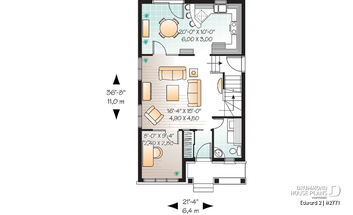1st level - Economical craftsman home plan, 2 to 3 bedrooms, remarkable living room - Edward 2