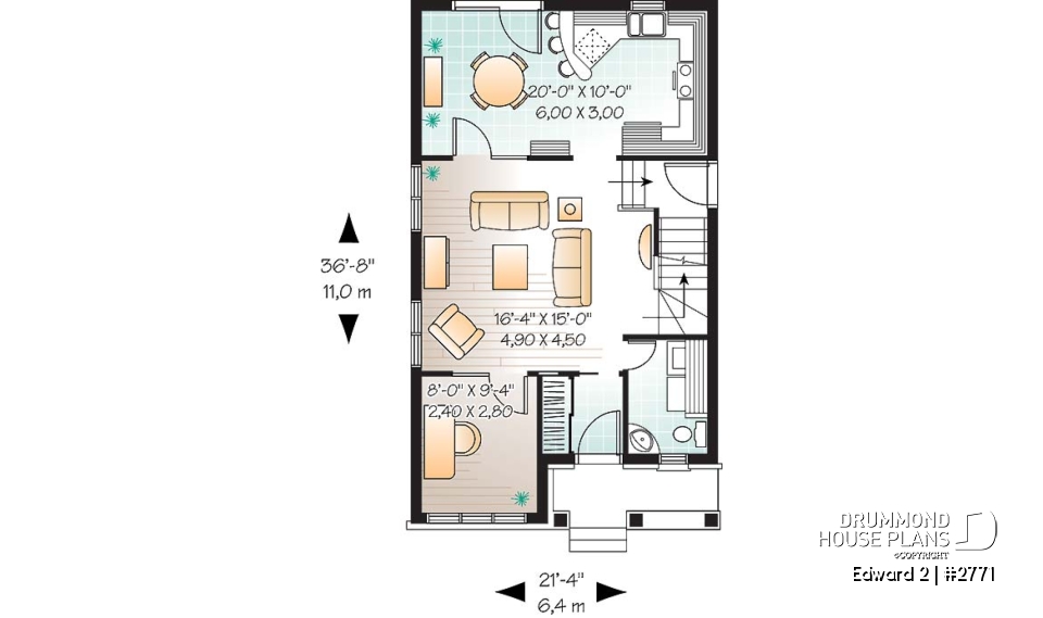 1st level - Economical craftsman home plan, 2 to 3 bedrooms, remarkable living room - Edward 2