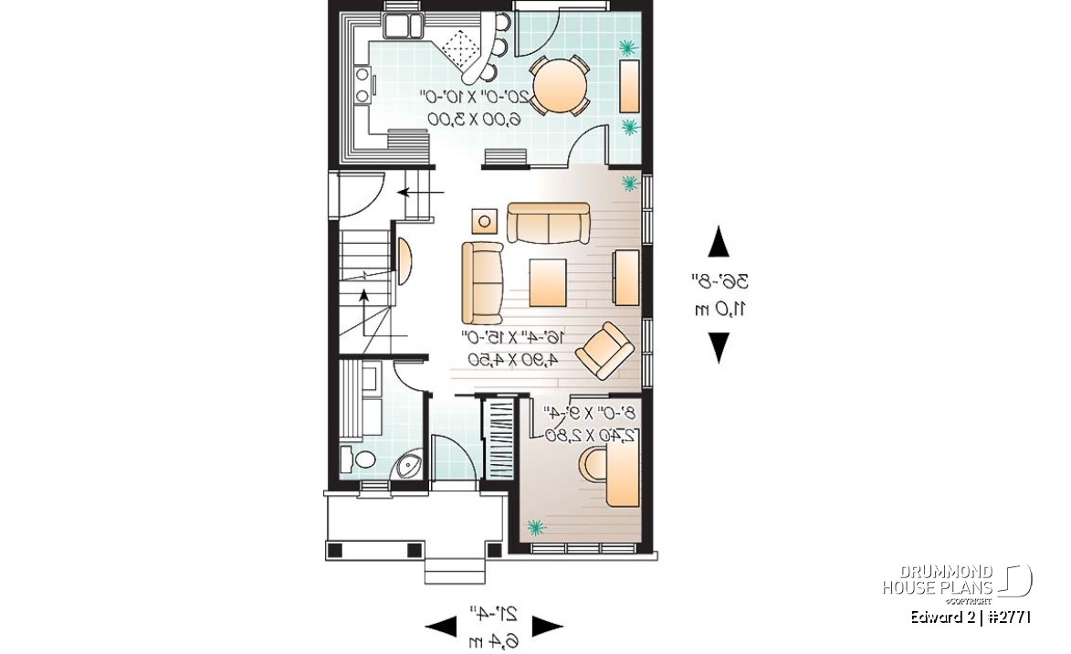 1st level - Economical craftsman home plan, 2 to 3 bedrooms, remarkable living room - Edward 2