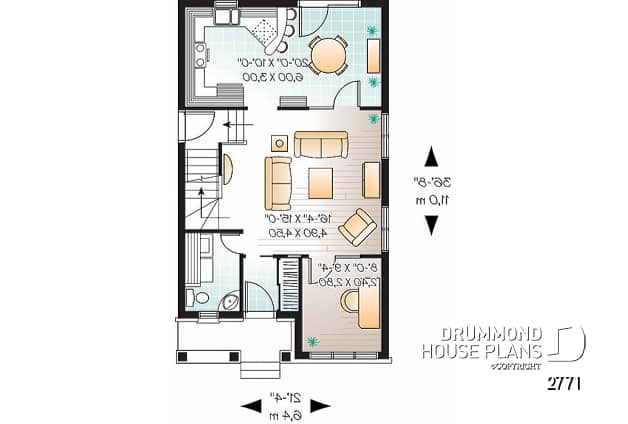 1st level - Economical craftsman home plan, 2 to 3 bedrooms, remarkable living room - Edward 2
