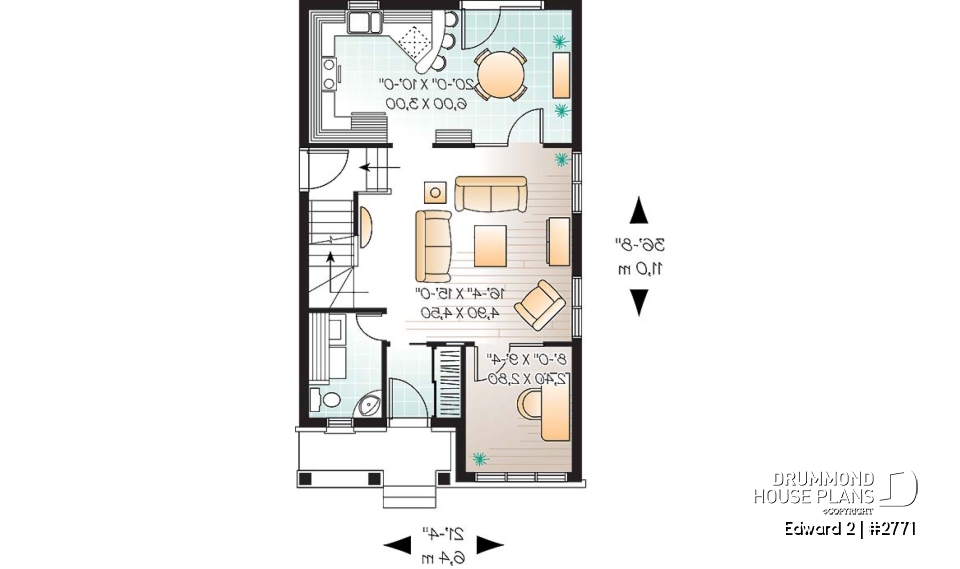 1st level - Economical craftsman home plan, 2 to 3 bedrooms, remarkable living room - Edward 2