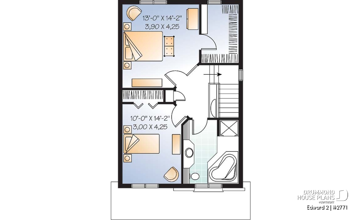 2nd level - Economical craftsman home plan, 2 to 3 bedrooms, remarkable living room - Edward 2